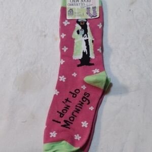 Awake Pink Crew Socks with Light Green Accents and Novelty Text